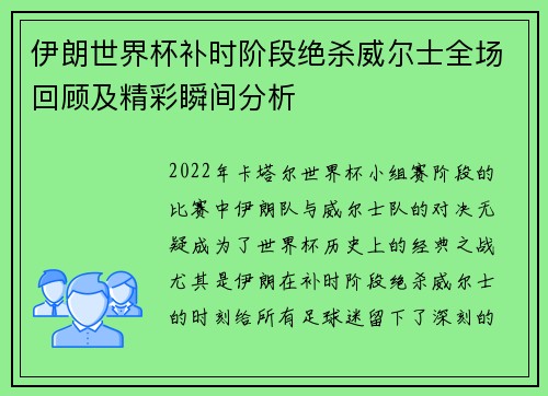 伊朗世界杯补时阶段绝杀威尔士全场回顾及精彩瞬间分析