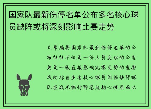 国家队最新伤停名单公布多名核心球员缺阵或将深刻影响比赛走势